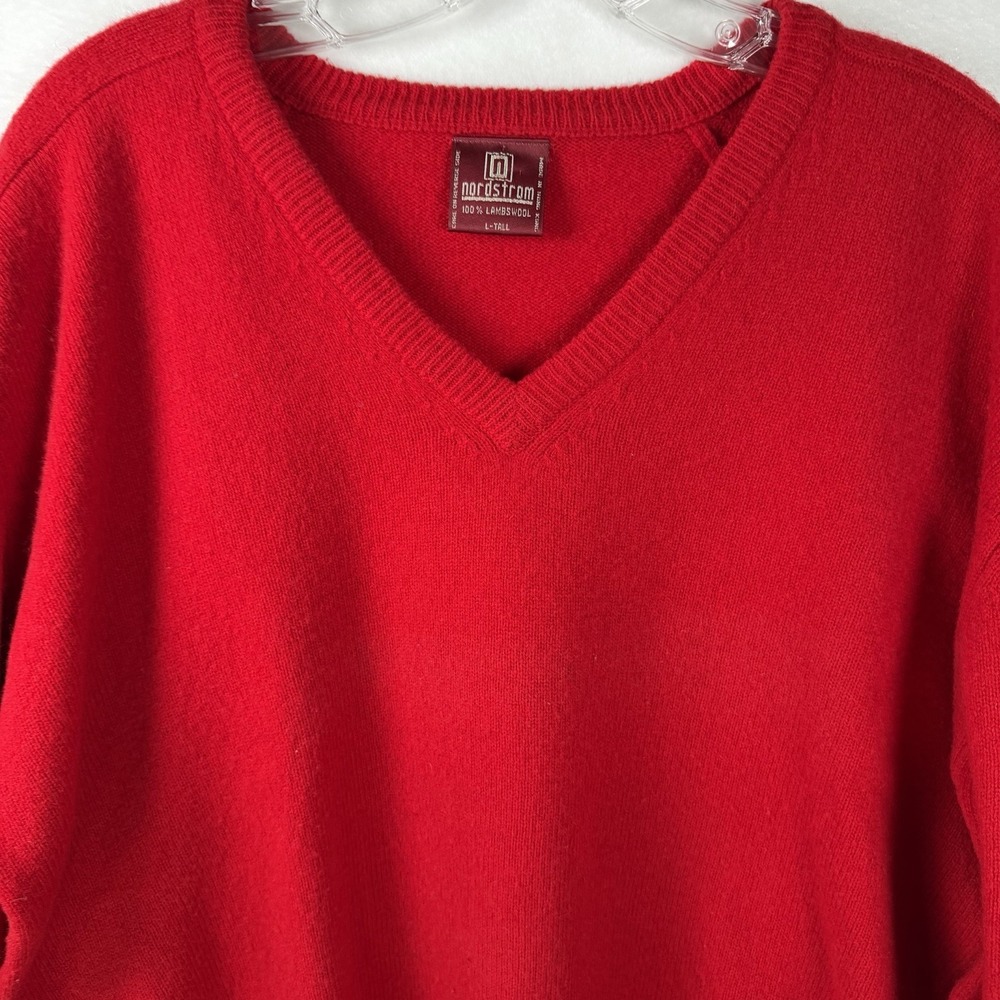 VTG Nordstrom Mens 100% Lambs Wool Sweater Sz L-Tall Solid Red V Neck Holiday